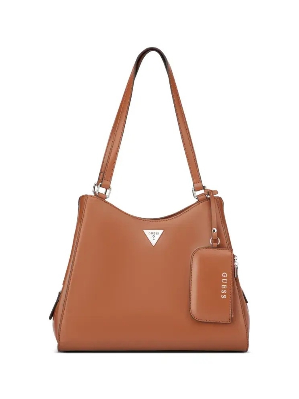 GUESS Cognac Tan Leather Shoulder Bag with Logo Tag